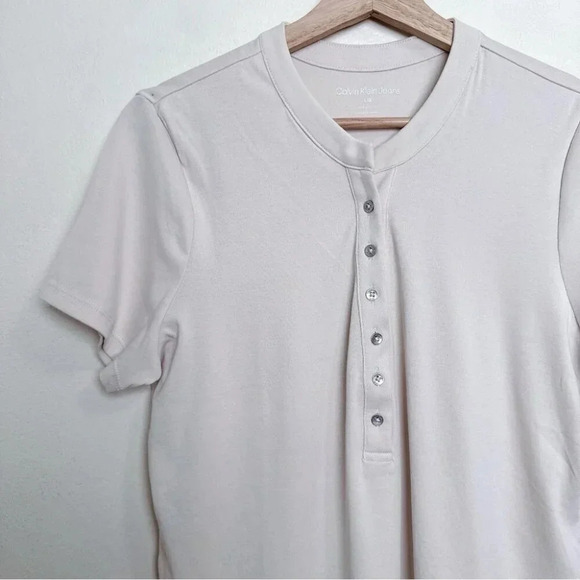 Calvin  Klein Jeans Womens Large Jersey Buton Neck Beige Shirt - Picture 5 of 13